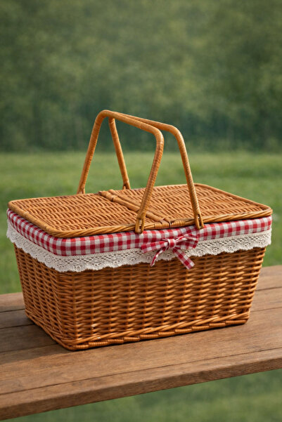 Arfseb Kapaklı Kırmızı Pötikare Detaylı Dikdörtgen Hasır Piknik Sepeti