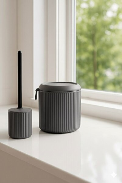 Sas Haus طقم حمام من سلسلة لاينز باللون الرمادي، سلة مهملات بيضاوية الشكل من الأكريليك سعة 4 لتر، 3000