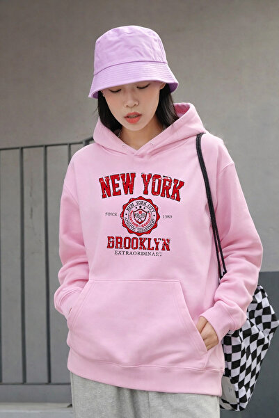 DEEPSENCE Women's Pink Hooded Oversized Sweatshirt New York Red Printed