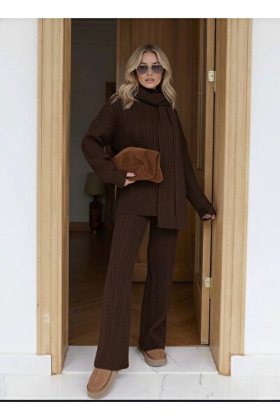 QETEENN Kahve Atkılı Saç Örgülü Triko Pantolon Takım