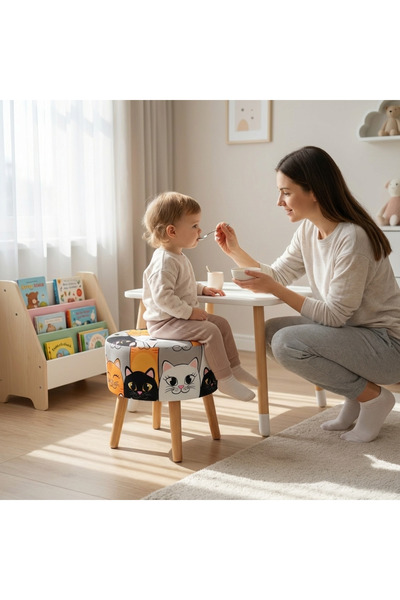 ustaagac Kedi Desenli Dekoratif Puf Tabure – Ahşap Ayaklı Çok Amaçlı Çocuk Od...