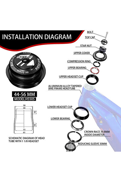 BUCKLOS طقم سماعة رأس دراجة هوائية أسود مقاس 44-56 مم، محامل مغلقة مقاس 1-1/8...