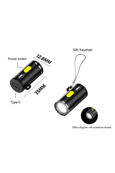 Choice مصباح يدوي صغير أسود بتقنية LED، أبيض بارد 6000 كلفن، لا يحتاج إلى بطارية، يعمل بمنفذ USB-C، سهل الحمل والتنقل