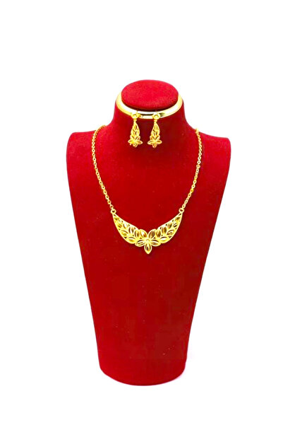 Alyas Aksesuar طقم قلادة وأقراط عرقية أنيقة بلون ذهبي على شكل زهرة القمح