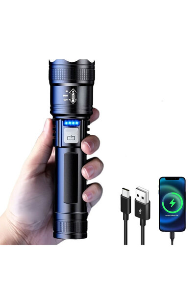 Heinast مصباح يدوي محمول عالي الطاقة من زووم، قطعة واحدة، مصنوع من مادة ABS، بثلاثة أوضاع إضاءة، مزود ببطارية 18650 مدمجة قابلة لإعادة الشحن.