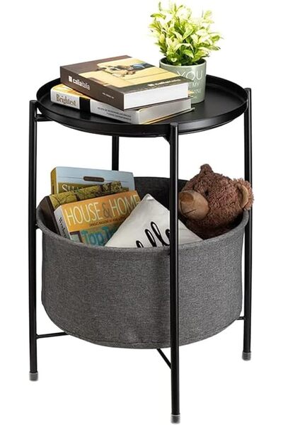 Arabest Side Table, Round End Table with Fabric Basket, for Living Room Bedro...