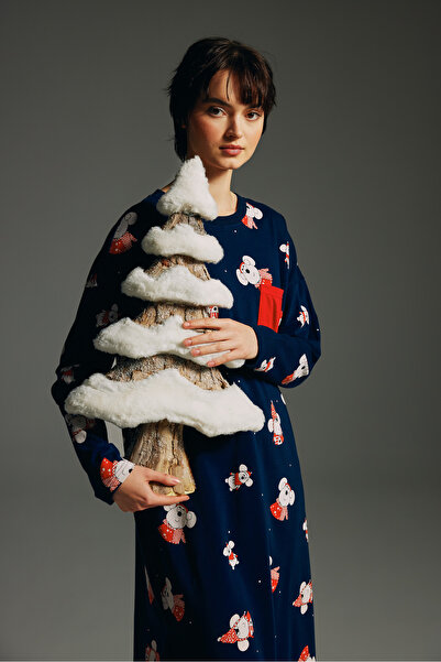 Hays Kadın Pamuklu Uzun Kollu Cep Detaylı Yırtmaçlı Gecelik