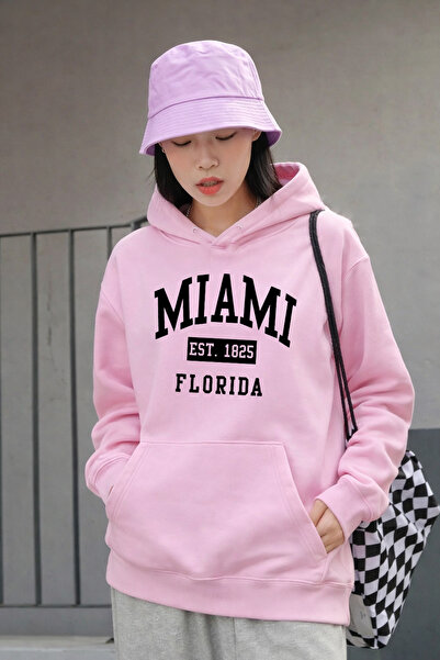 DEEPSENCE Women's Pink Hooded Oversized Sweatshirt Miami Printed