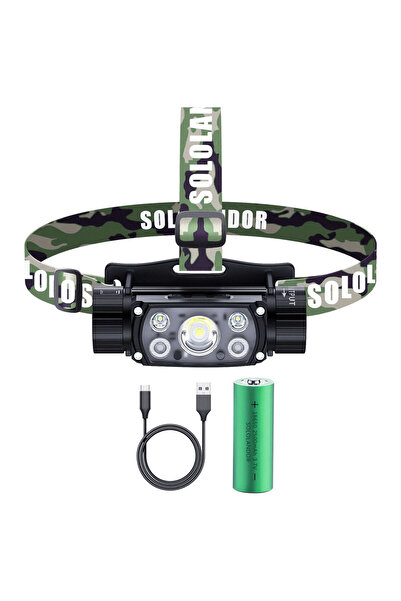 Choice مصباح أمامي مموه أخضر، مزود بمستشعر LED، أبيض وأحمر، بثلاثة مفاتيح، يعمل ببطارية 18650.