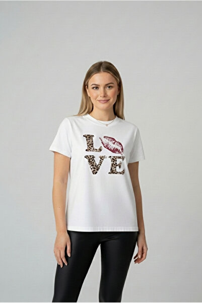 BUWOM تيشيرت نسائي من Leopard Love مطبوع برقبة دائرية