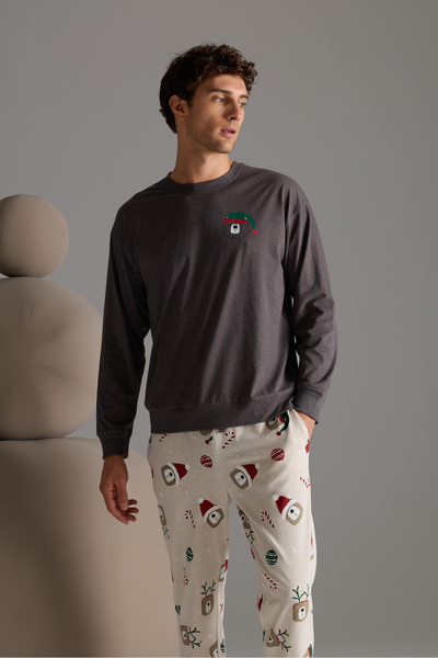 Syah Erkek Pamuklu Uzun Kollu Pijama Üstü