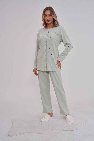 BLACKMORE Women's Green Sports Cotton Front Button Long Sleeve Plus Size 2-Piece Pajama Set