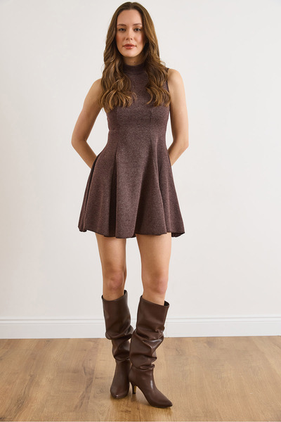 Olalook Women's Brown Textured Patchwork Draped Mini Dress Elb-19002576