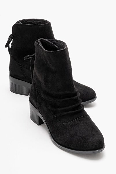 CCWAY AYAKKABI حذاء نسائي برباط خلفي وتجاعيد أمامية من جلد الغزال الأسود