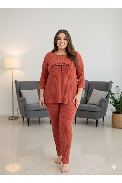 FAMES PİJAMA طقم بيجامة نسائية مقاس كبير من قماش فيتيلي بتصميم اليقطين