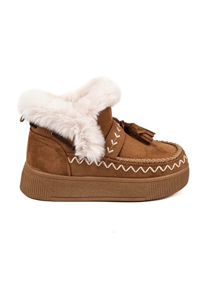 VİVENS MODA Kadın Kahverengi İçi Kürklü Süet Püsküllü Kışlık Günlük Bot