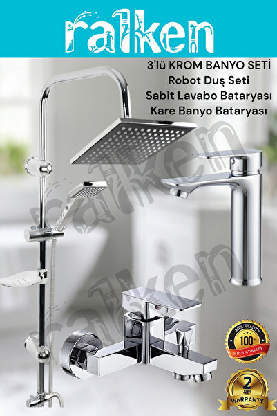 RALKEN 3'lü Banyo Seti; Krom Robot Duş Seti, Kare Banyo Bataryası ve Lavabo B...