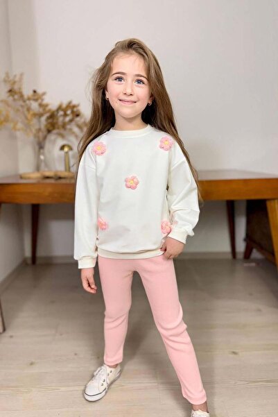 Riccotarz Girl's 3-Thread Sweater with Daisy Figure on It, Loose Cut, Scuba Fabric, F Corded Fabric Pink Tights Set