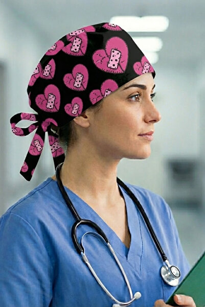 Lion Üniforma Yarabantlı Kalp Desenli Unisex Cerrahi Bone Hemşire ve Doktor Bone