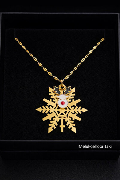 staınless steel New Year's Gift Steel Snowflake Deer Detailed Gold Necklace – 45 cm