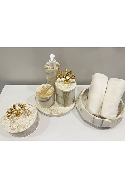 BeeCandleHome BEYAZ - GOLD MERMER DESENLİ PREMIUM 9 PARÇA FULL BANYO SETİ - %...