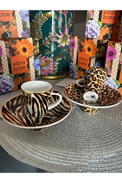 Edora Home Turkish Coffee Cup Set with Leopard Pattern for 2 People, 4 Pieces