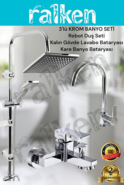 RALKEN 3'lü Banyo Seti; Krom Robot Duş Seti, Kare Banyo Bataryası ve Lavabo B...