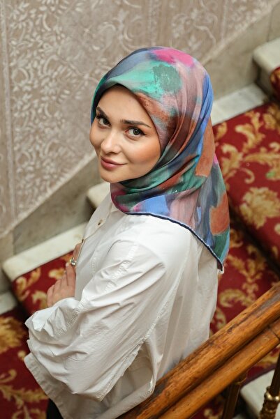 Tesettürnağme Eșarfă EcoZen TN2102 Model Batik 01-Pudra-Indigo-Taba