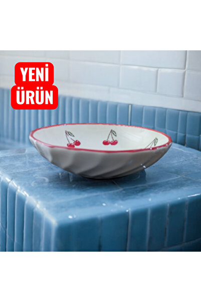 Ganita home Salata Kasesi 25 cm Kiraz Desen Derin Model Seramik Kase Kırmızı