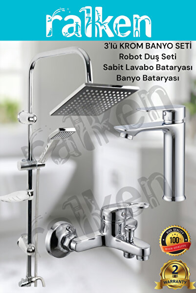 RALKEN 3'lü Banyo Seti; Krom Robot Duş Seti, Banyo Bataryası ve Sabit Lavabo ...
