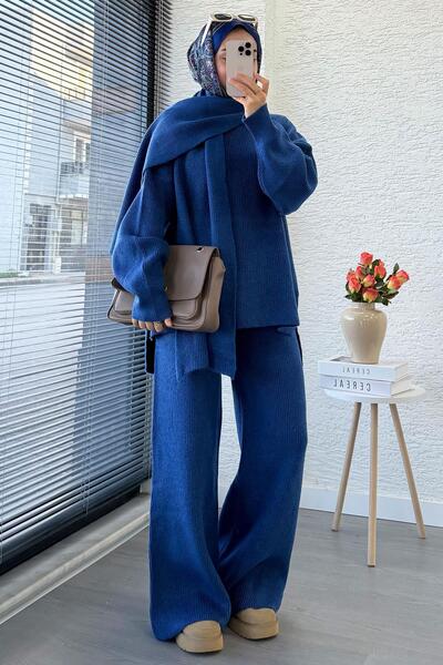 MELEK ARAZ Premium Women's Knitwear Set with Scarf – Indigo