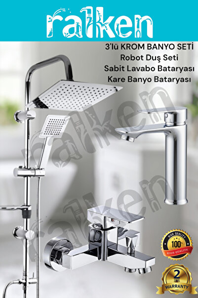 RALKEN 3'lü Banyo Seti; Krom Robot Duş Seti, Kare Banyo Bataryası ve Lavabo B...