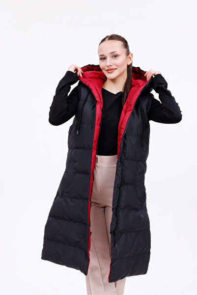 Masyy Moda Morena Siyah Çift Taraflı Kapüşonlu Uzun Şişme Bordo