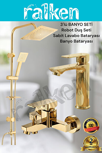 RALKEN 3'lü Gold (Altın) Banyo Seti; Robot Duş Seti, Kare Banyo Bataryası ve ...