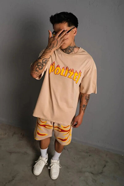 Olmira Store Men's Flame Printed Double Shorts Suit - Beige