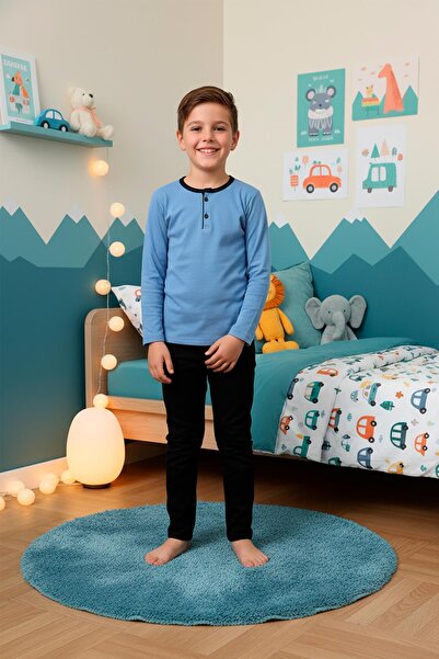 Kompedan Erkek Çocuk İnterlok Bisiklet Yaka Pijama Takımı | Mavi 206