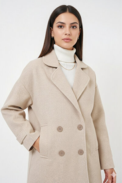 Lucax Women's Double-Breasted Collar Cashmere Cream Coat / Lined Coat