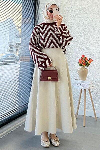 MELEK ARAZ Premium Kaşe Kloş Form Skirt - Cream