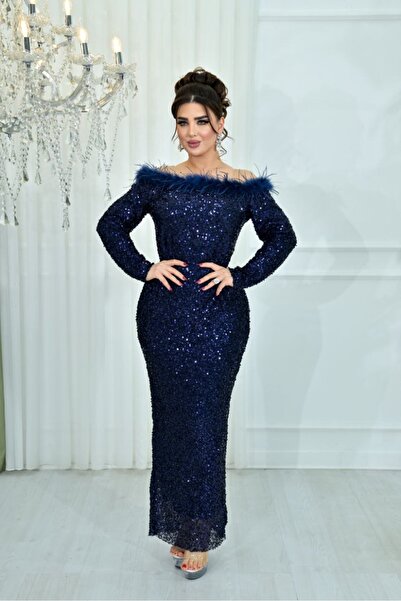 Matik Abiyem Feather Shoulder Detailed Sequin Evening Dress