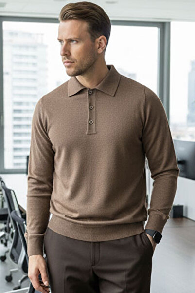 Millionaire Men's Mink Brown Buttoned Polo Neck Standard Cut Acrylic Anti-Pilling Knit Sweater