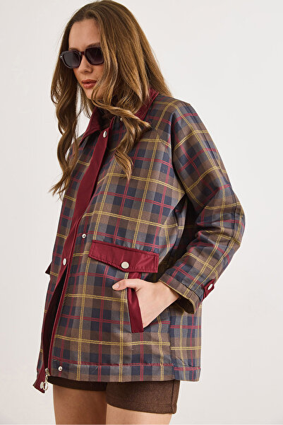 Olalook معطف نسائي منقوش مبطن باللون العنابي MNT-19000053