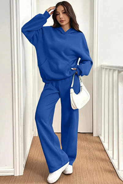 BARLİZ Women's Wide Leg Hooded 3-Thread Fleece-Lined Oversized Tracksuit Set