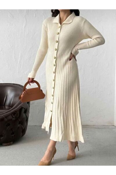diloş butik Gömlek Yaka Düğme Detaylı Triko Elbise