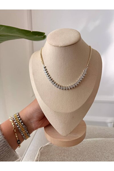 My Joyas Design 14K Altın Kaplama Önü Taşlı Yonca Kolye 53cm