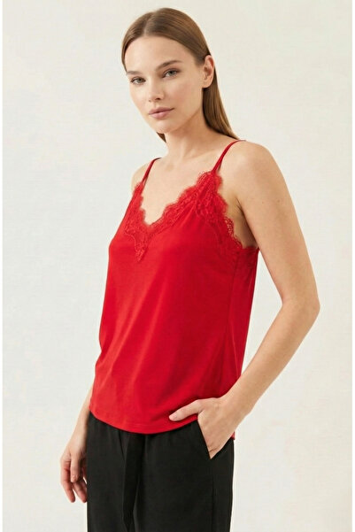 peralist Women's Red Lace Detailed Sandy Blouse with Adjustable Ring Straps