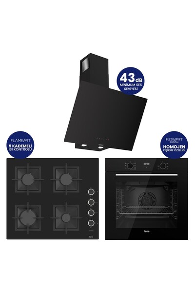 Ferre FlowArt Digital Siyah Cam Ankastre Set ( Kaymaz Döküm Izgara ) QBL63CS+...