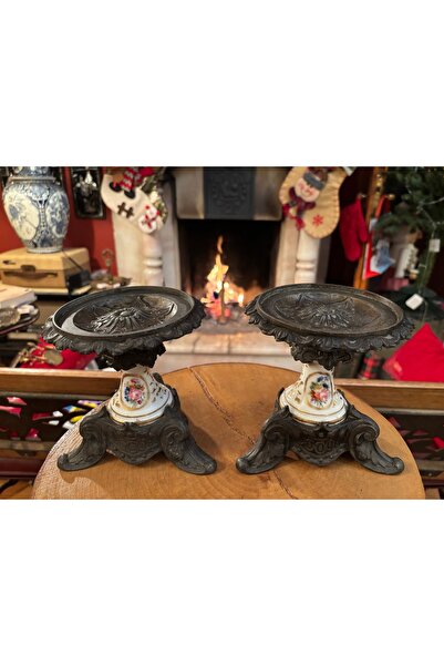 tayfuntufan antika koleksiyon Bronz ve porselen‘den Fransız bir çift şamdan 1...