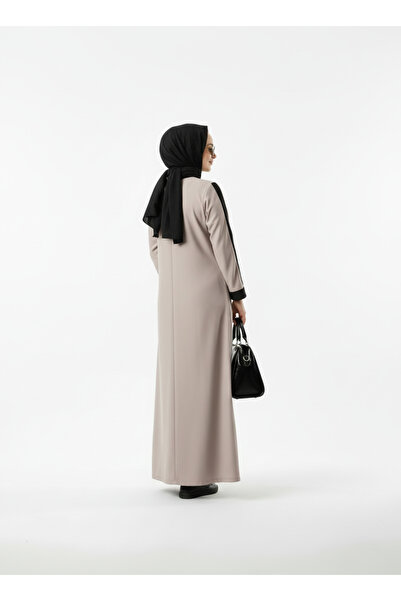 Viane Women's Mink Color Crepe Fabric Black Striped Detail Casual Hijab Dress