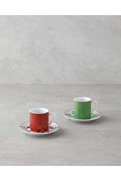 English Home Vivy Porselen 4 Parça 2 Kişilik Kahve Fincan Takımı 80 ml Bordo-Yeşil