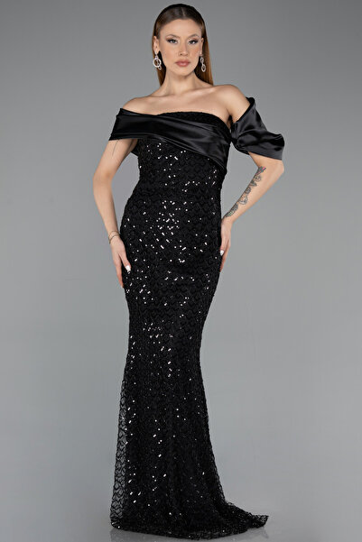 Abiyefon Siyah Omuz Dekolteli Uzun Pullu Balık Abiye ABU5529